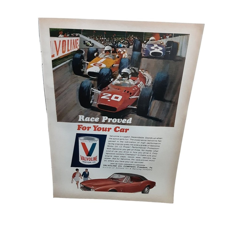 1967 Valvoline Oil Race Proved Camaro Formula One vintage Original Print ad